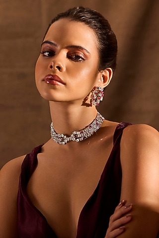 White Rhodium Finish Ruby Stone Choker Necklace by MNSH