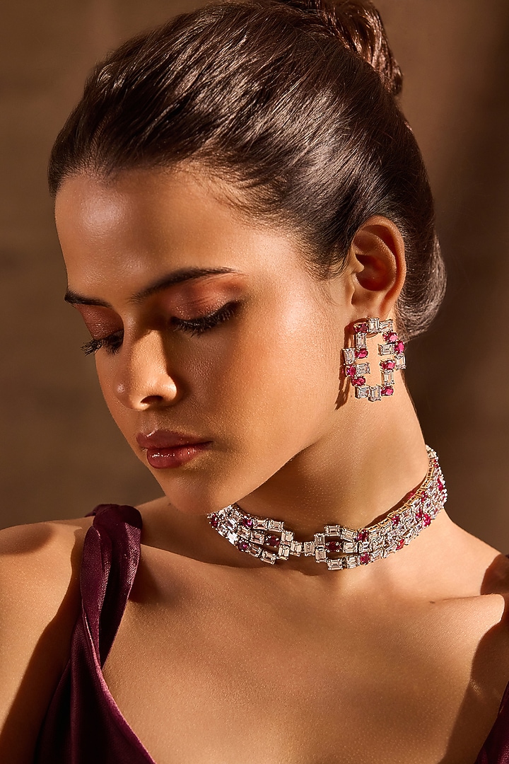 White Rhodium Finish Ruby Stone Stud Earrings by MNSH at Pernia's Pop Up Shop