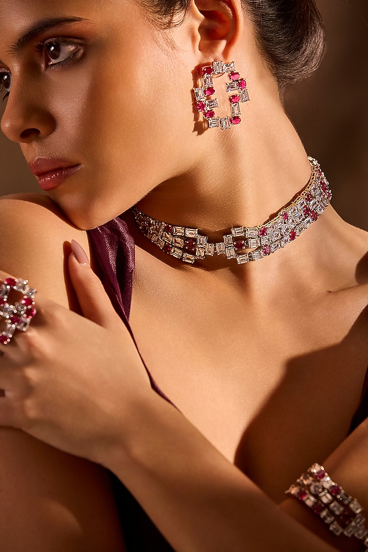 White Rhodium Finish Ruby Stone Stud Earrings by MNSH at Pernia's Pop Up Shop