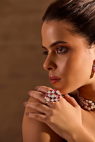 White Rhodium Finish Ruby Stone Ring by MNSH