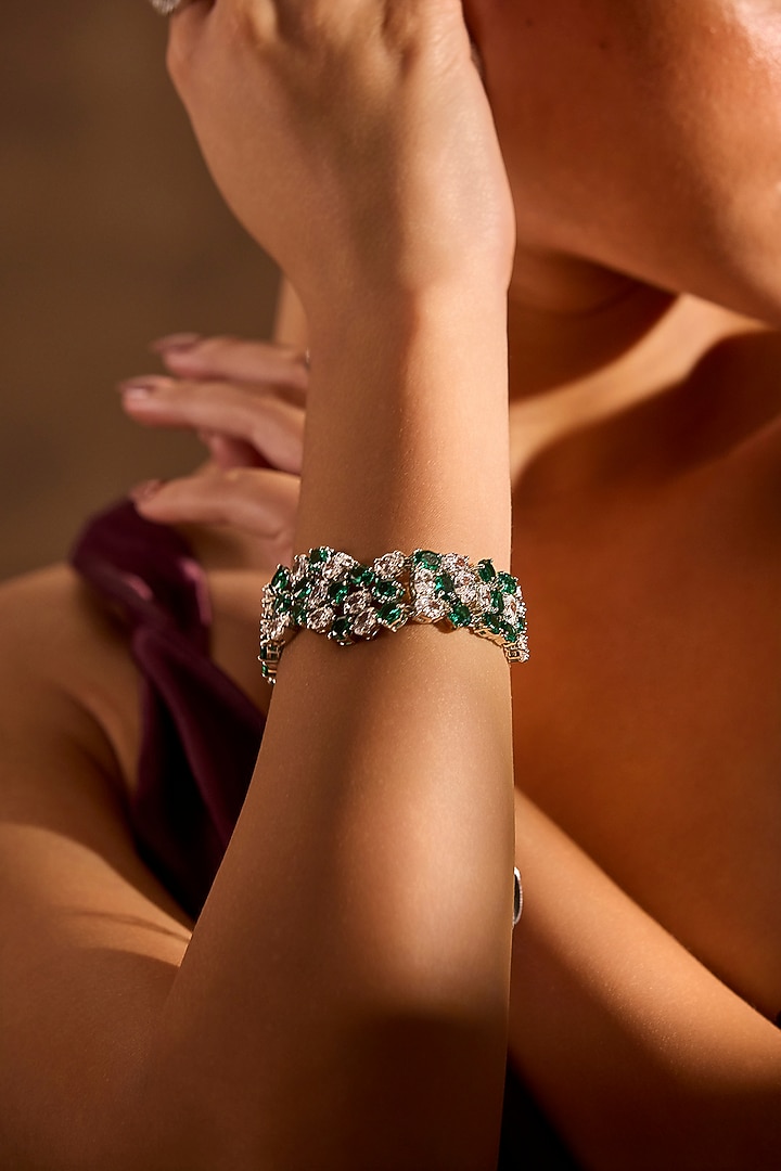 White Rhodium Finish Emerald Stone Bracelet by MNSH at Pernia's Pop Up Shop