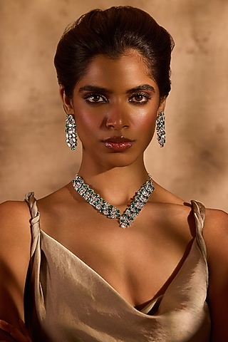 White Rhodium Finish Emerald Stone Necklace by MNSH