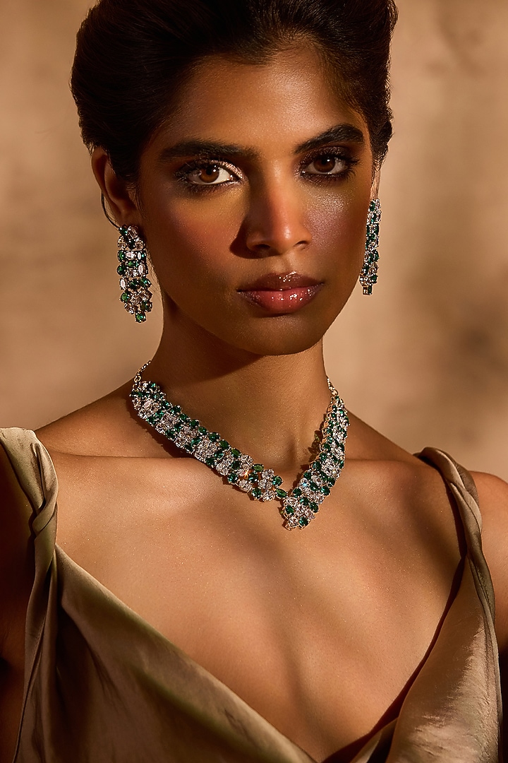 White Rhodium Finish Emerald Stone Necklace by MNSH at Pernia's Pop Up Shop