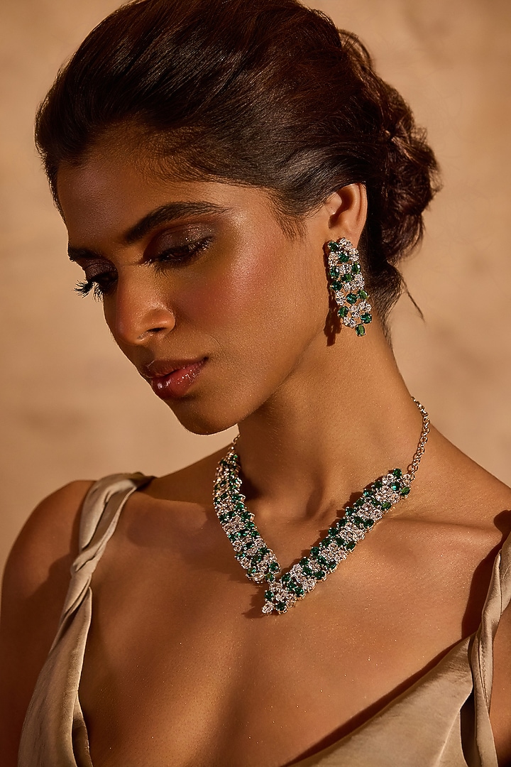 White Rhodium Finish Emerald Stone Necklace by MNSH at Pernia's Pop Up Shop