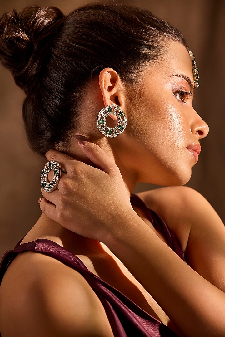 White Rhodium Finish Emerald Stone Dangler Earrings by MNSH at Pernia's Pop Up Shop