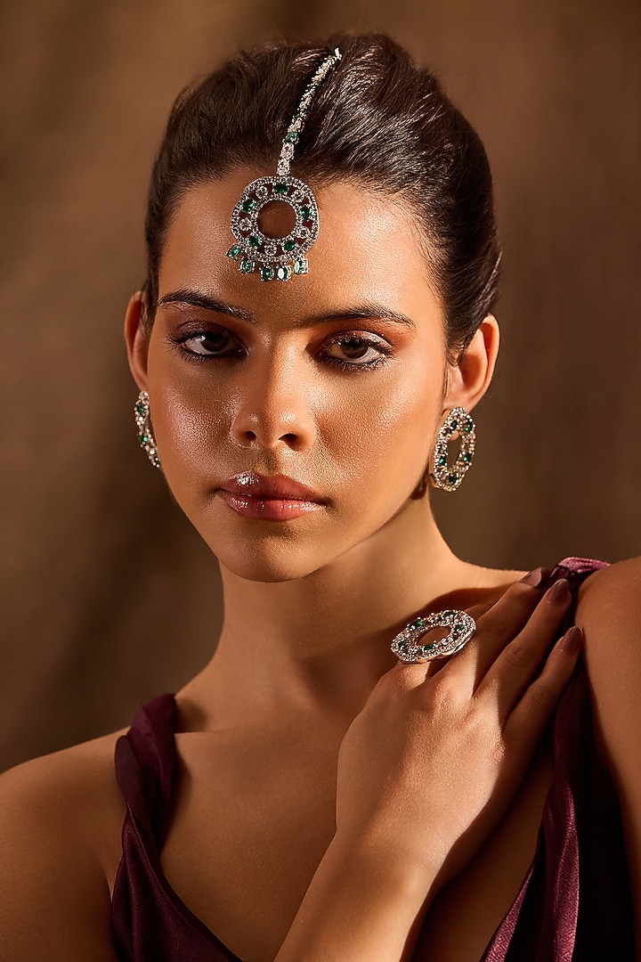 White Rhodium Finish Emerald Stone Maangtikka by MNSH at Pernia's Pop Up Shop