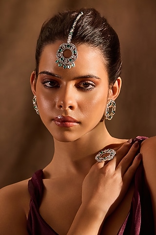 White Rhodium Finish Emerald Stone Maangtikka by MNSH