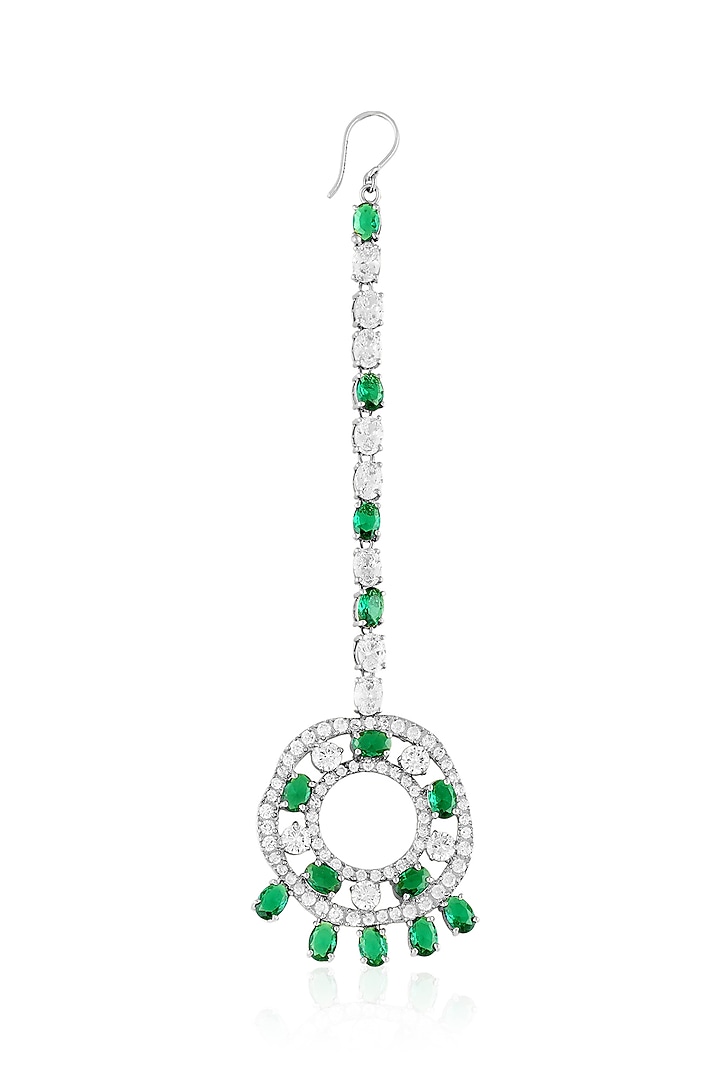 White Rhodium Finish Emerald Stone Maangtikka by MNSH at Pernia's Pop Up Shop