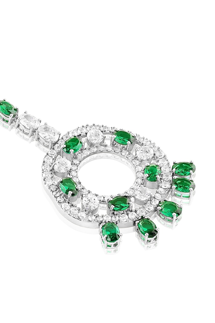 White Rhodium Finish Emerald Stone Maangtikka by MNSH at Pernia's Pop Up Shop