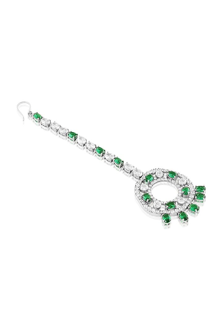 White Rhodium Finish Emerald Stone Maangtikka by MNSH at Pernia's Pop Up Shop