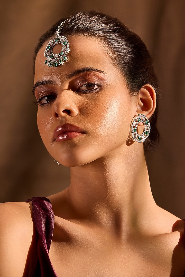 White Rhodium Finish Emerald Stone Maangtikka by MNSH at Pernia's Pop Up Shop