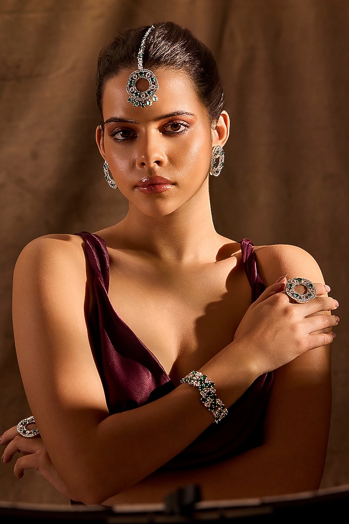 White Rhodium Finish Emerald Stone Maangtikka by MNSH at Pernia's Pop Up Shop