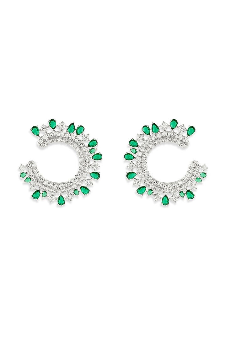 White Rhodium Finish Emerald Stone & Diamond Dangler Earrings by MNSH at Pernia's Pop Up Shop