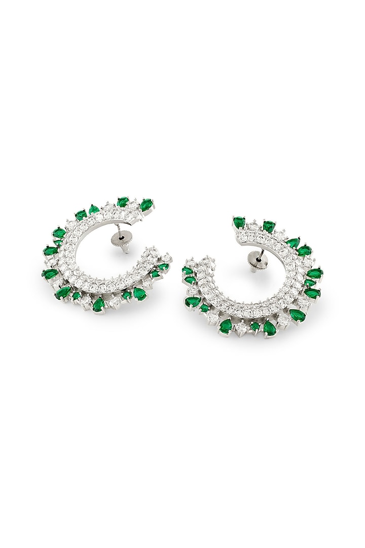 White Rhodium Finish Emerald Stone & Diamond Dangler Earrings by MNSH at Pernia's Pop Up Shop