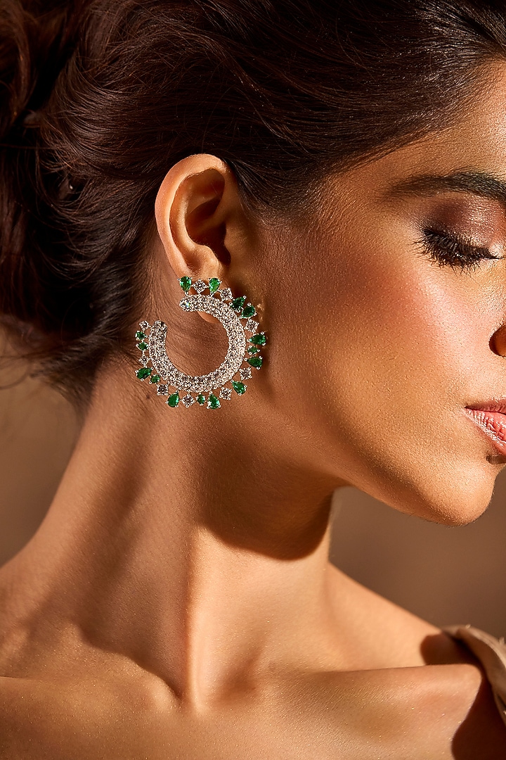 White Rhodium Finish Emerald Stone & Diamond Dangler Earrings by MNSH at Pernia's Pop Up Shop