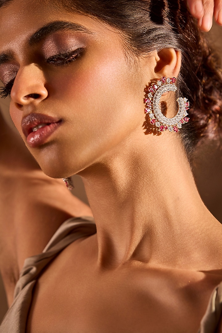 White Rhodium Finish Ruby Stone & Diamond Dangler Earrings by MNSH at Pernia's Pop Up Shop