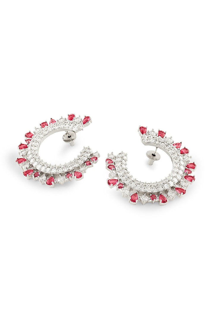 White Rhodium Finish Ruby Stone & Diamond Dangler Earrings by MNSH at Pernia's Pop Up Shop