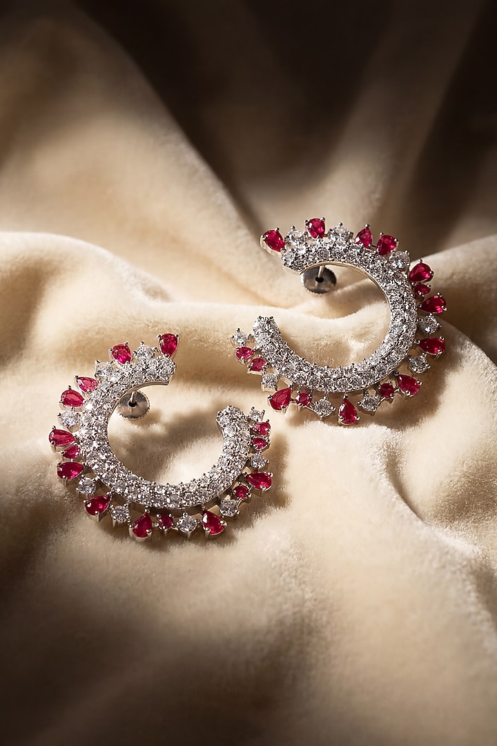 White Rhodium Finish Ruby Stone & Diamond Dangler Earrings by MNSH at Pernia's Pop Up Shop