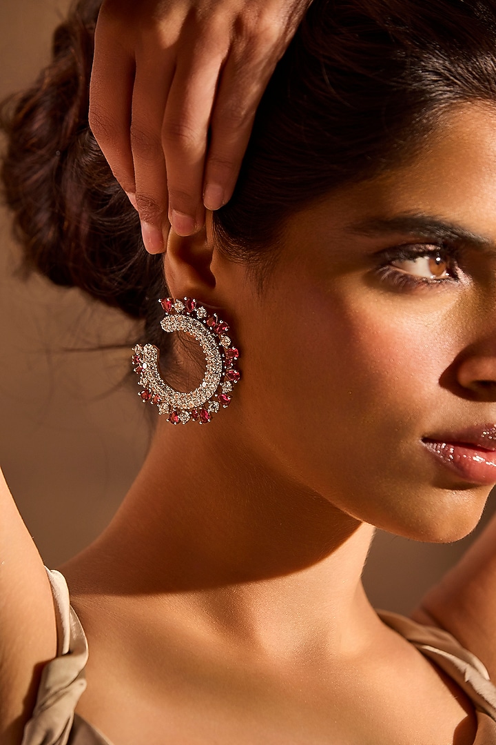 White Rhodium Finish Ruby Stone & Diamond Dangler Earrings by MNSH at Pernia's Pop Up Shop