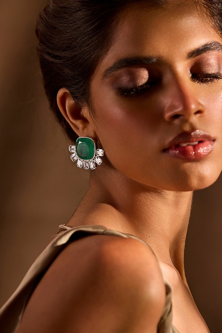 White Rhodium Finish Emerald Stone Dangler Earrings by MNSH at Pernia's Pop Up Shop
