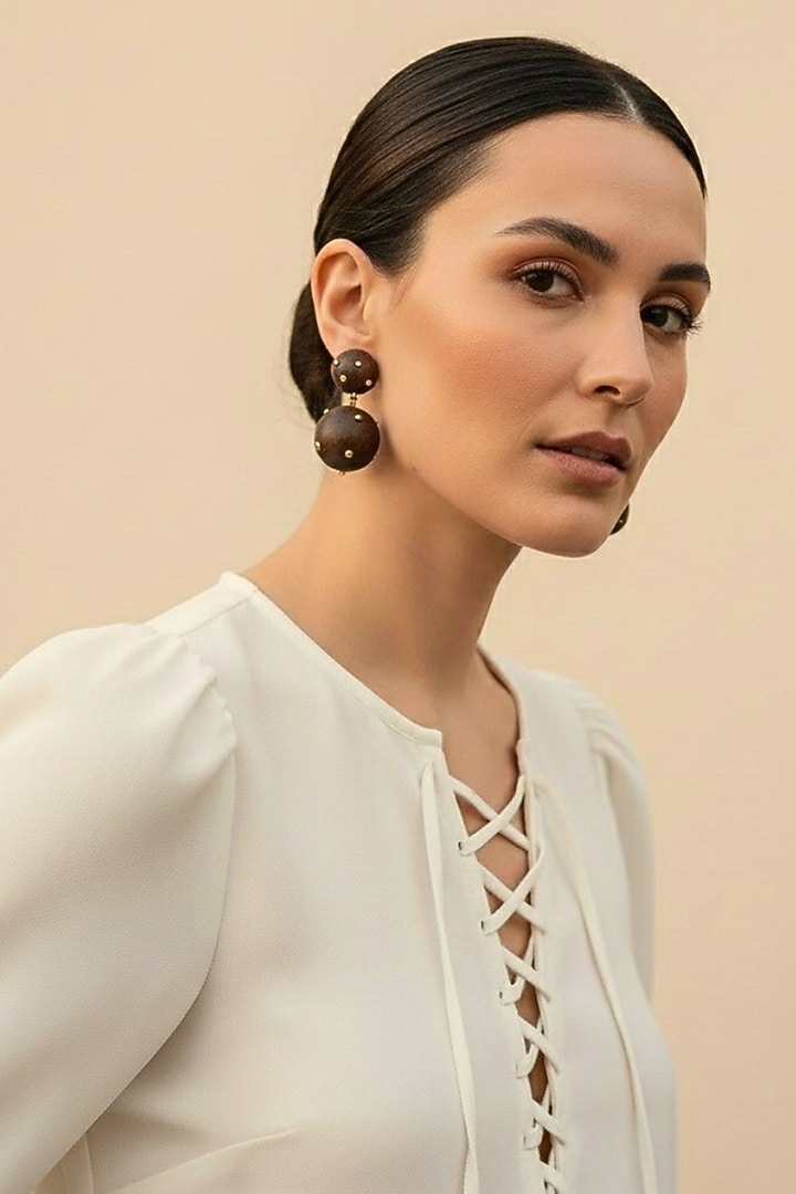 Gold Plated Brown & Gold Stone Dangler Earrings by MNSH at Pernia's Pop Up Shop