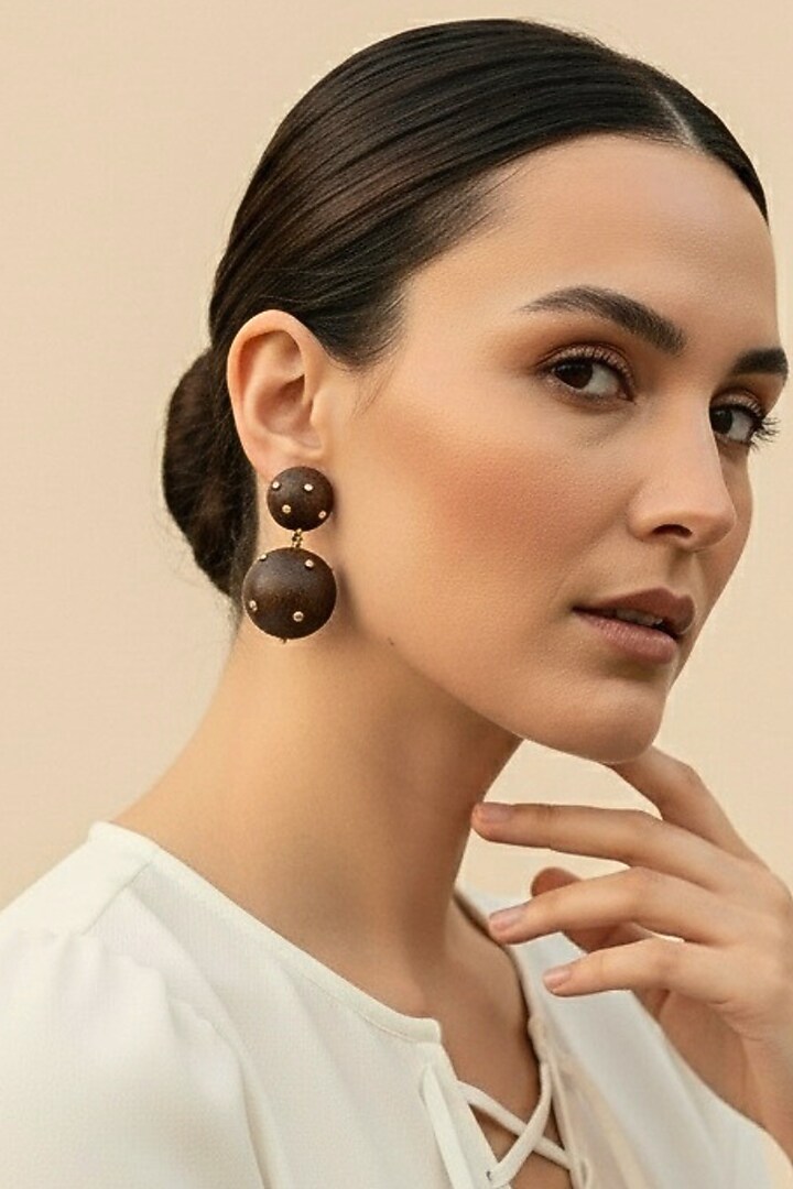 Gold Plated Brown & Gold Stone Dangler Earrings by MNSH at Pernia's Pop Up Shop