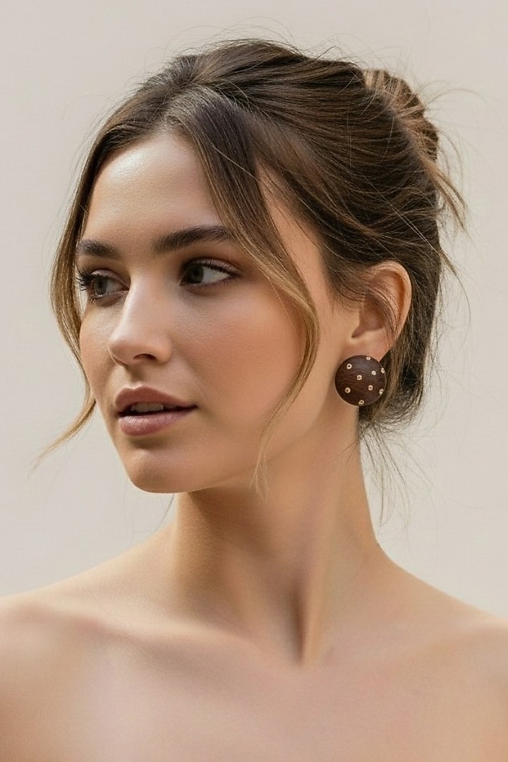 Gold Plated Brown & Gold Stone Stud Earrings by MNSH at Pernia's Pop Up Shop