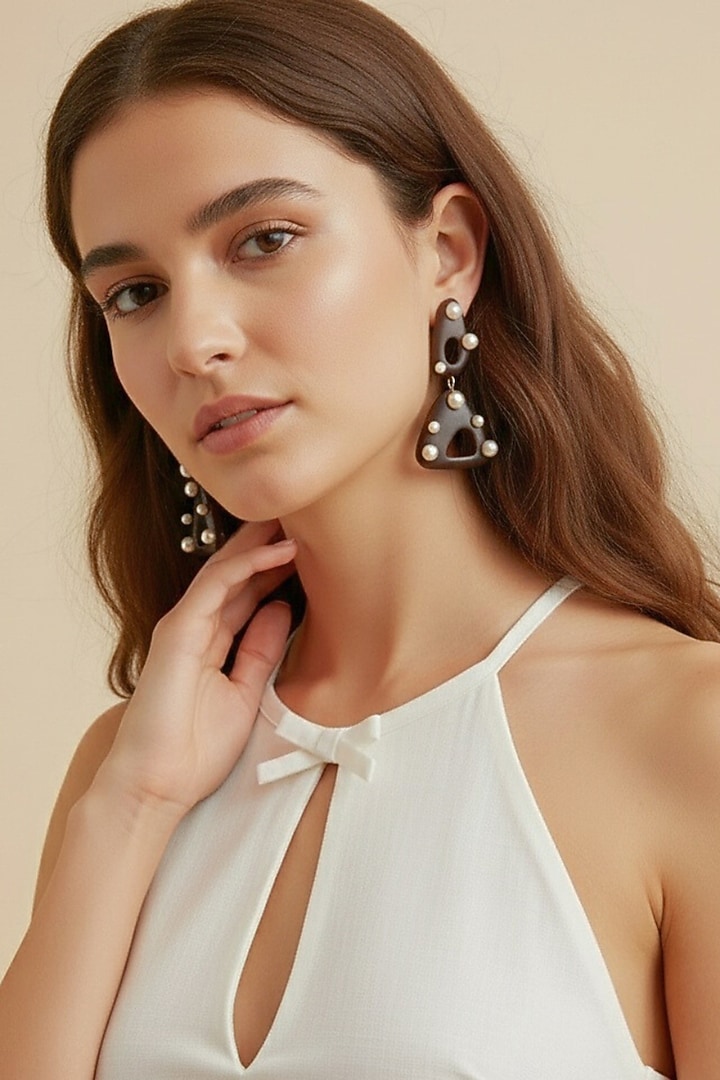 Gold Plated Brown Stone & Pearl Dangler Earrings by MNSH at Pernia's Pop Up Shop