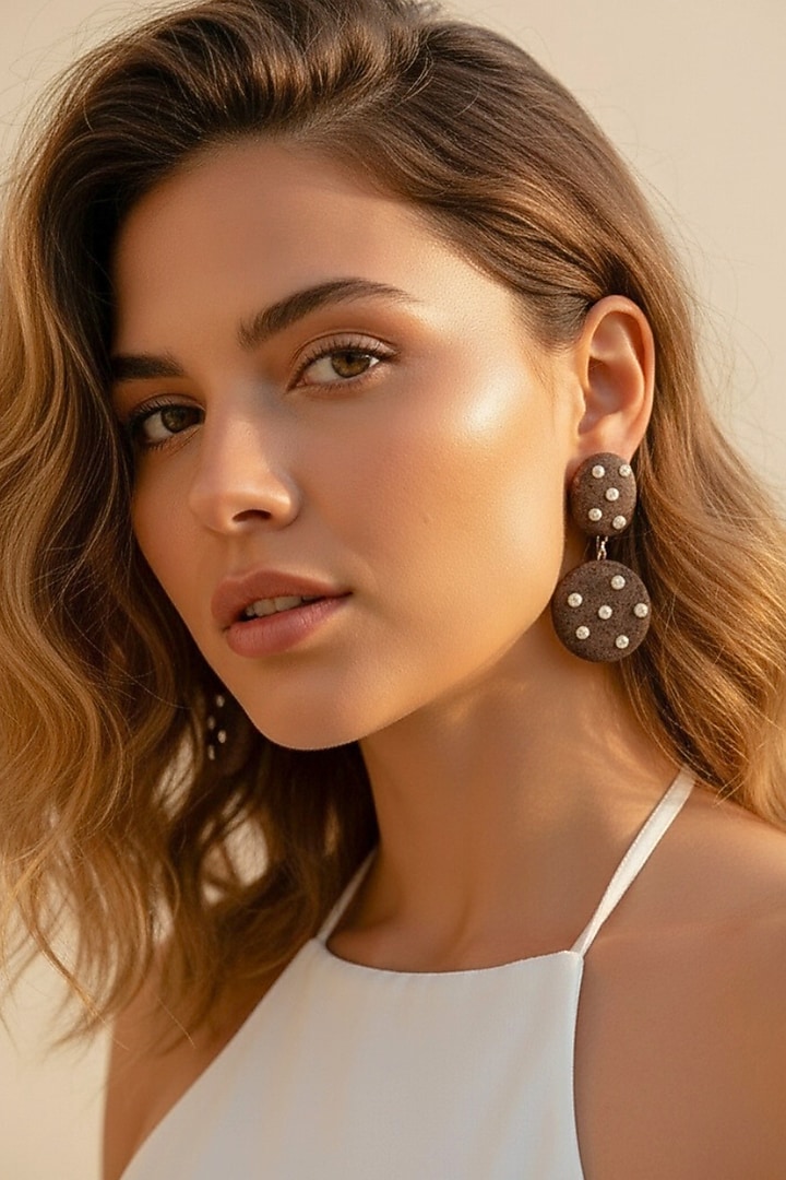 Gold Plated Brown Stone & Pearl Dangler Earrings by MNSH at Pernia's Pop Up Shop