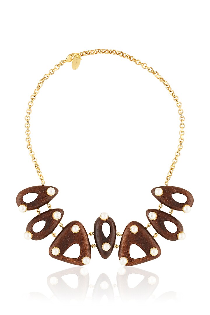 Gold Plated Brown Stone & Pearl Necklace by MNSH at Pernia's Pop Up Shop
