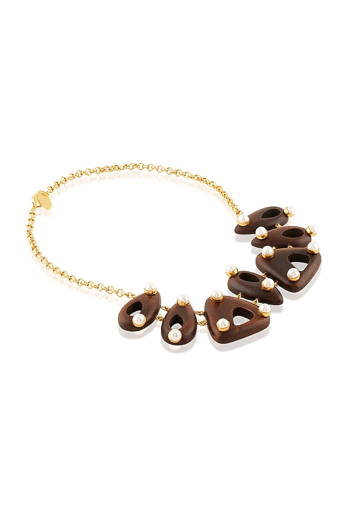 Gold Plated Brown Stone & Pearl Necklace by MNSH at Pernia's Pop Up Shop
