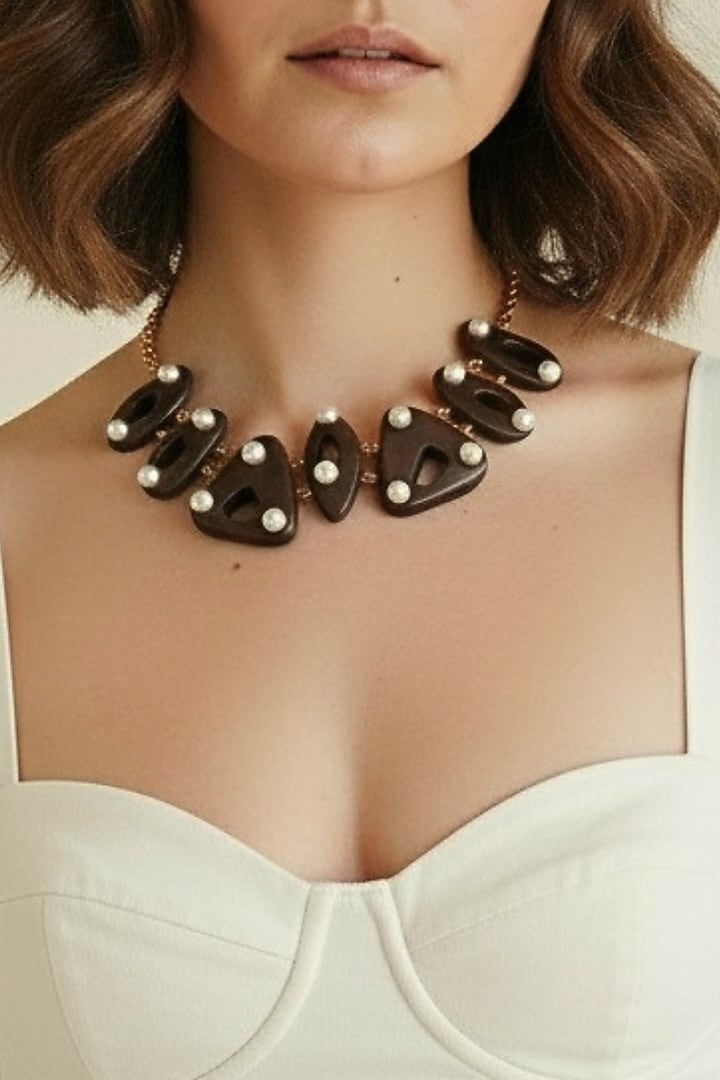 Gold Plated Brown Stone & Pearl Necklace by MNSH at Pernia's Pop Up Shop