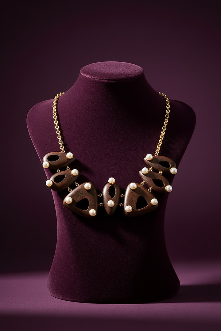 Gold Plated Brown Stone & Pearl Necklace by MNSH at Pernia's Pop Up Shop