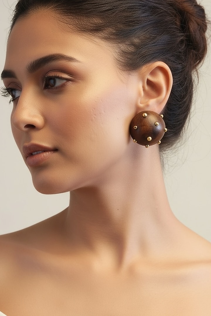 Gold Plated Brown & Gold Stone Stud Earrings by MNSH at Pernia's Pop Up Shop