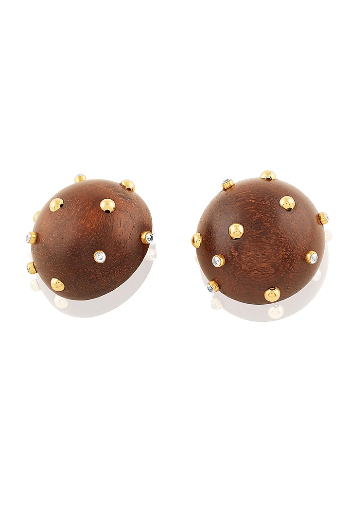 Gold Plated Brown & Gold Stone Stud Earrings by MNSH at Pernia's Pop Up Shop