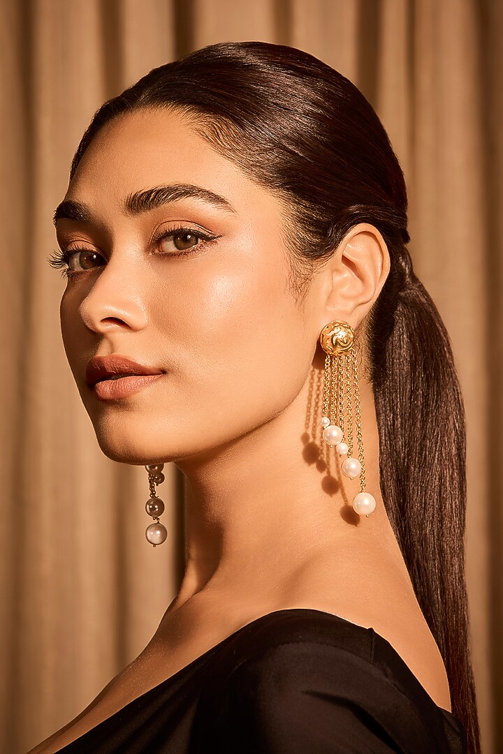 Gold Plated Pearl Dangler Earrings by MNSH at Pernia's Pop Up Shop