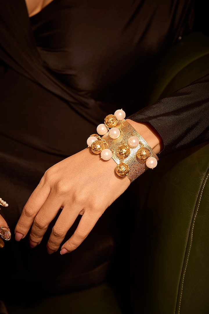 Gold Plated Pearl Adjustable Cuff Bracelet by MNSH at Pernia's Pop Up Shop