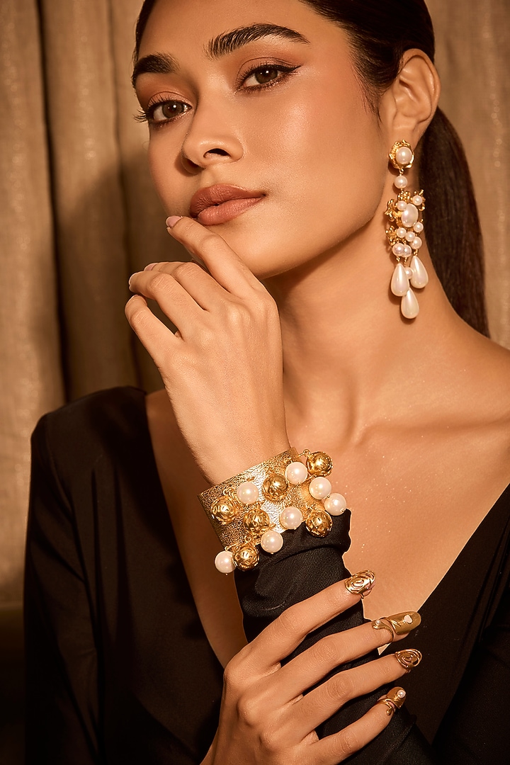 Gold Plated Pearl Adjustable Cuff Bracelet by MNSH at Pernia's Pop Up Shop