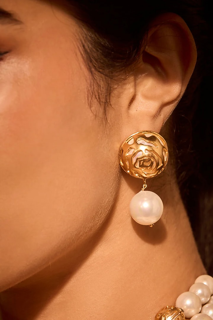 Gold Finish Rosette Drop Floral Earrings by MNSH at Pernia's Pop Up Shop