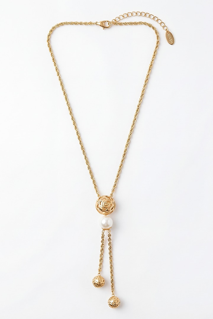 Gold Plated Pearl Lariat Floral Necklace by MNSH at Pernia's Pop Up Shop