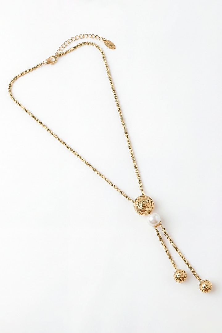 Gold Plated Pearl Lariat Floral Necklace by MNSH at Pernia's Pop Up Shop
