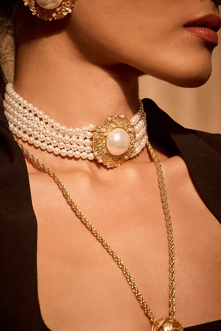Gold Plated Pearl Choker Necklace by MNSH at Pernia's Pop Up Shop