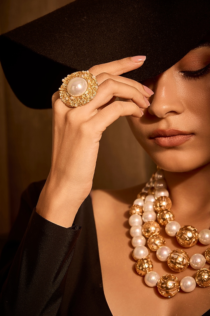 Gold Plated Pearl Floral Ring by MNSH at Pernia's Pop Up Shop
