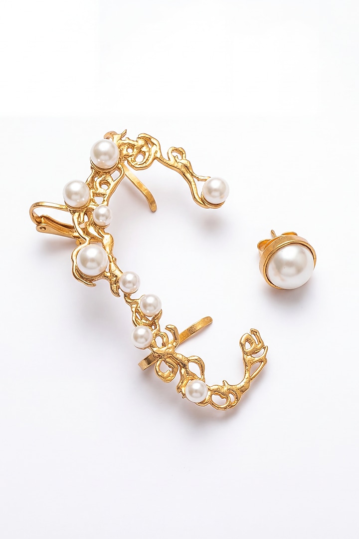 Gold Plated Pearl Floral Ear Climbers by MNSH at Pernia's Pop Up Shop