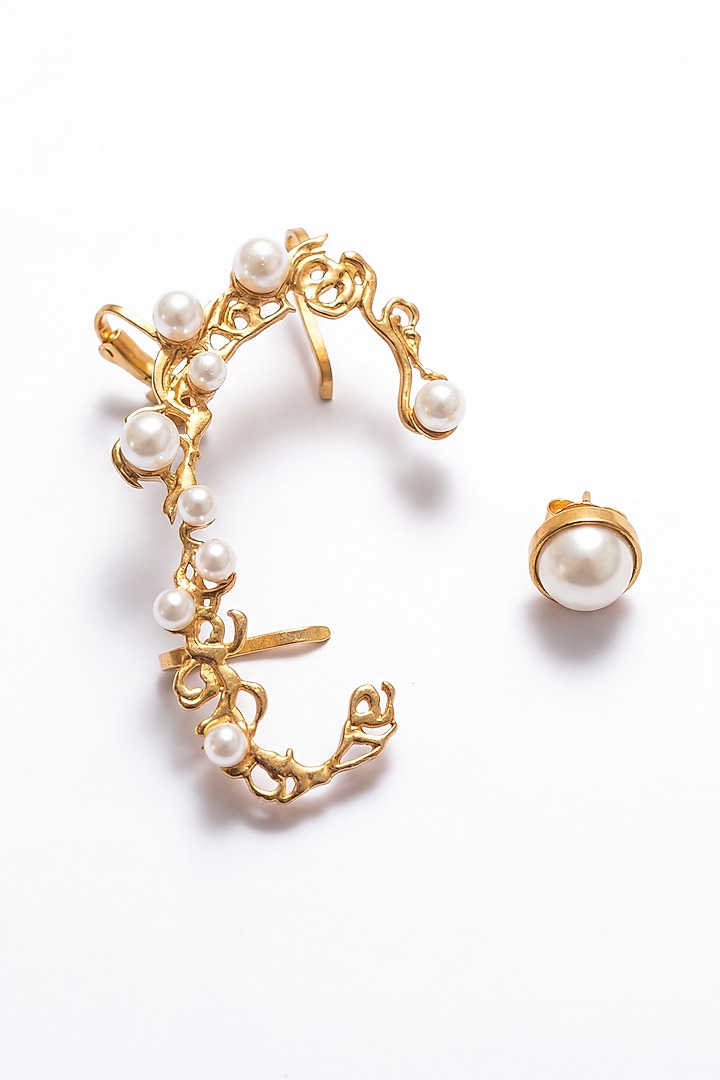 Gold Plated Pearl Floral Ear Climbers by MNSH at Pernia's Pop Up Shop