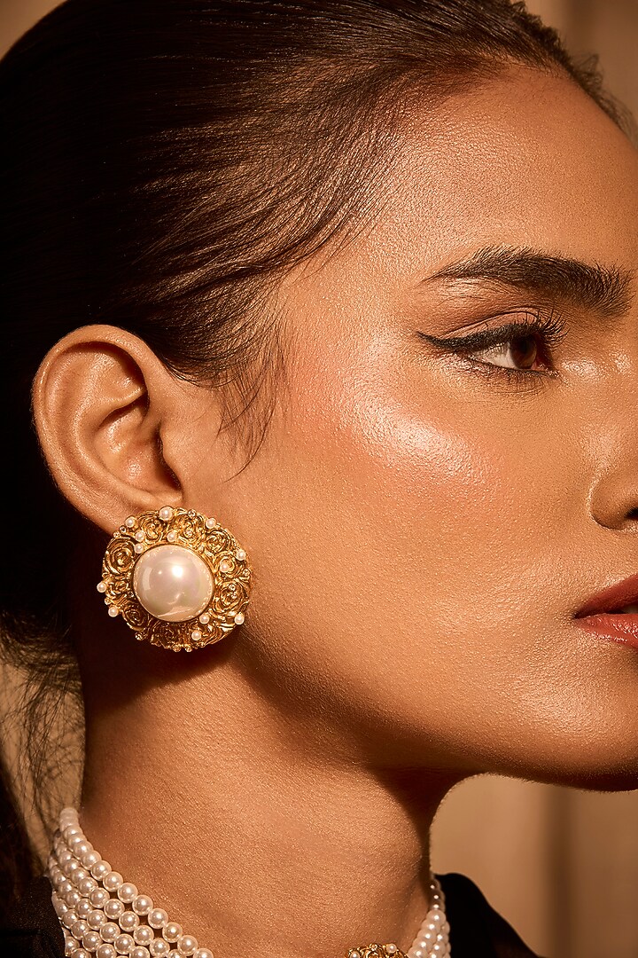 Gold Plated Pearl Stud Earrings by MNSH at Pernia's Pop Up Shop