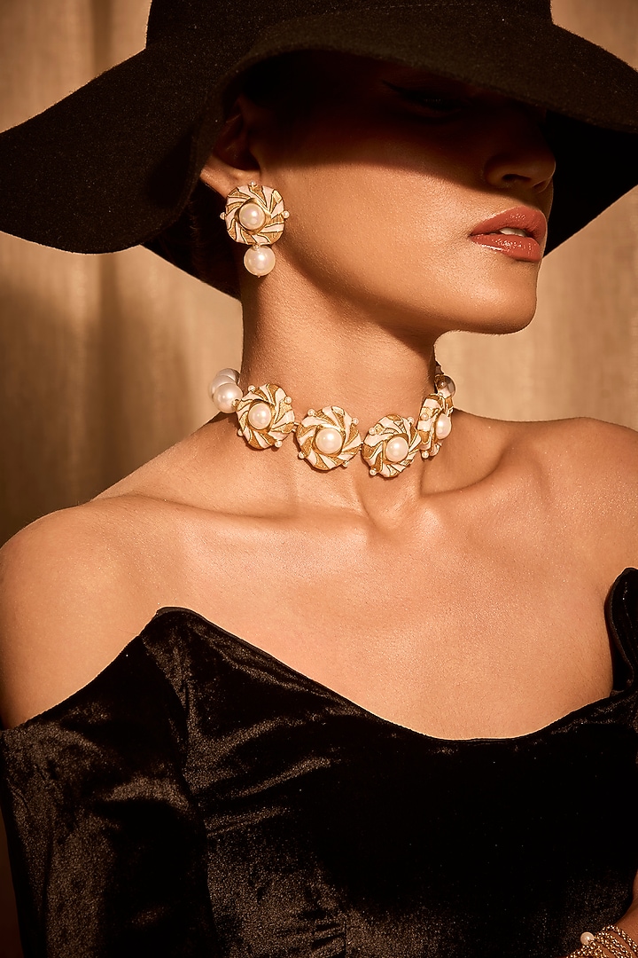 Gold Plated Pearl Enameled Stud Earrings by MNSH at Pernia's Pop Up Shop