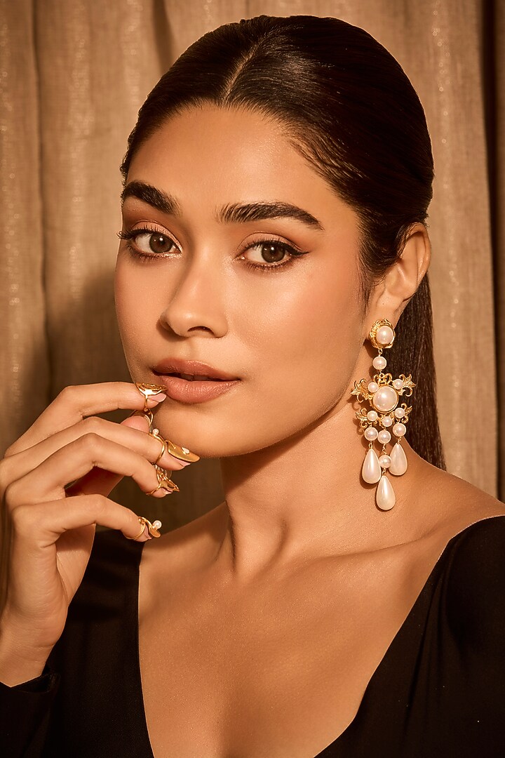 Gold Plated Pearl Floral Dangler Earrings by MNSH at Pernia's Pop Up Shop