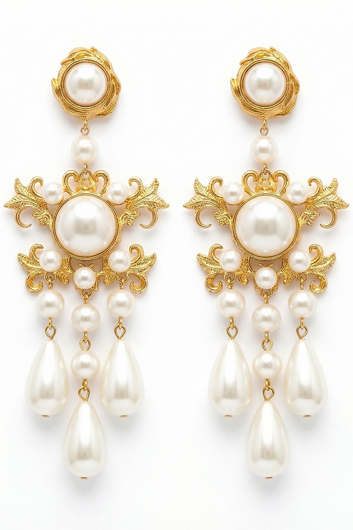 Gold Plated Pearl Floral Dangler Earrings by MNSH at Pernia's Pop Up Shop