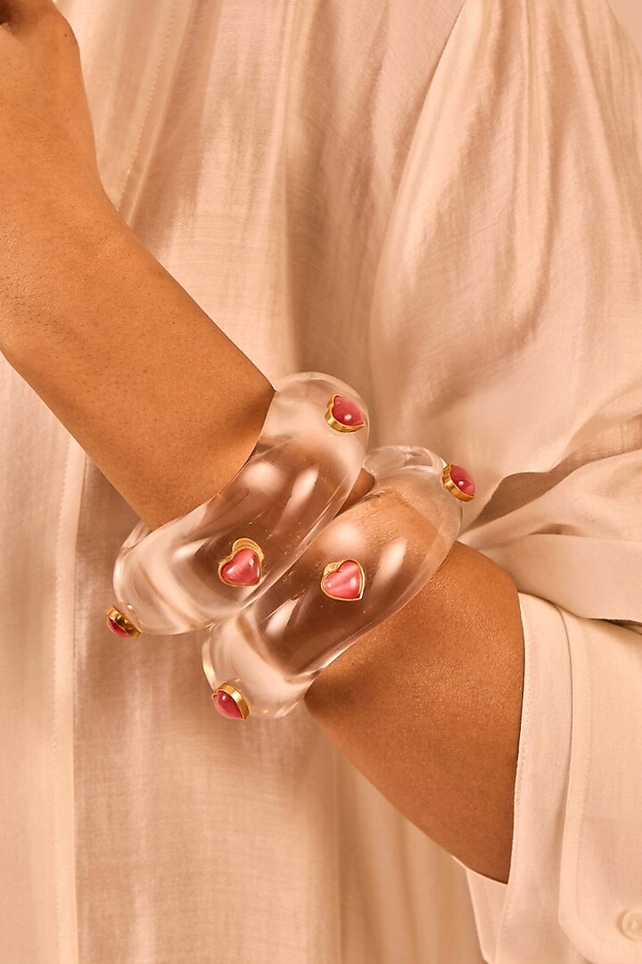Gold Plated Pink Monalisa Stone Resin Bangle by MNSH at Pernia's Pop Up Shop
